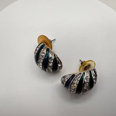 Vintage 80s Teal Blue Enamel Silver Tone Rhinestone Half Hoop Earrings Jewelry - Thumbnail 4