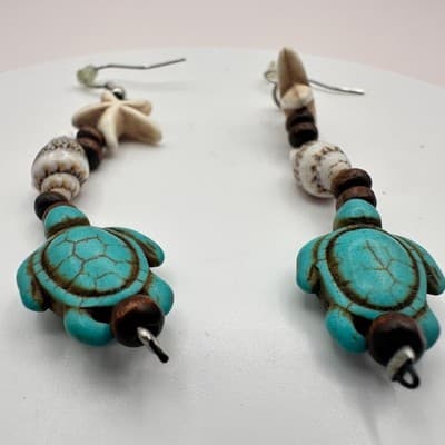 Vintage 90s Faux Turquoise Sea Turtle Starfish Shell Dangle Earrings Jewelry Y2K - Thumbnail 4