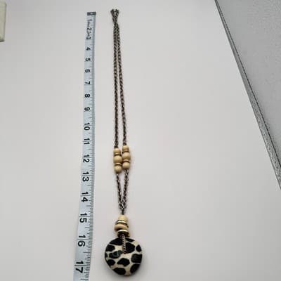 Vintage 90s Chunky Animal Print Pendant Necklace Boho Beaded Silver Tone Chain - Thumbnail 10