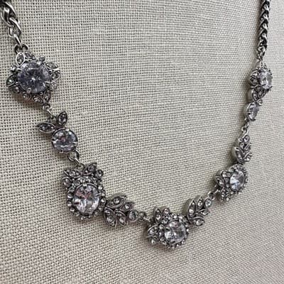 Vintage 90s Silver Tone Cubic Zirconia Glass Floral Statement Necklace Jewelry - Thumbnail 4