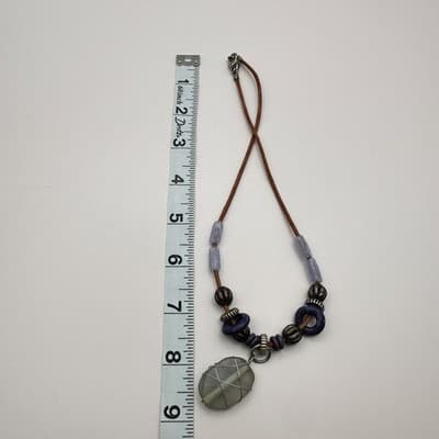 Vintage 90s Boho Wire Wrapped Stone Pendant Necklace Purple Glass Beaded Leather - Thumbnail 9