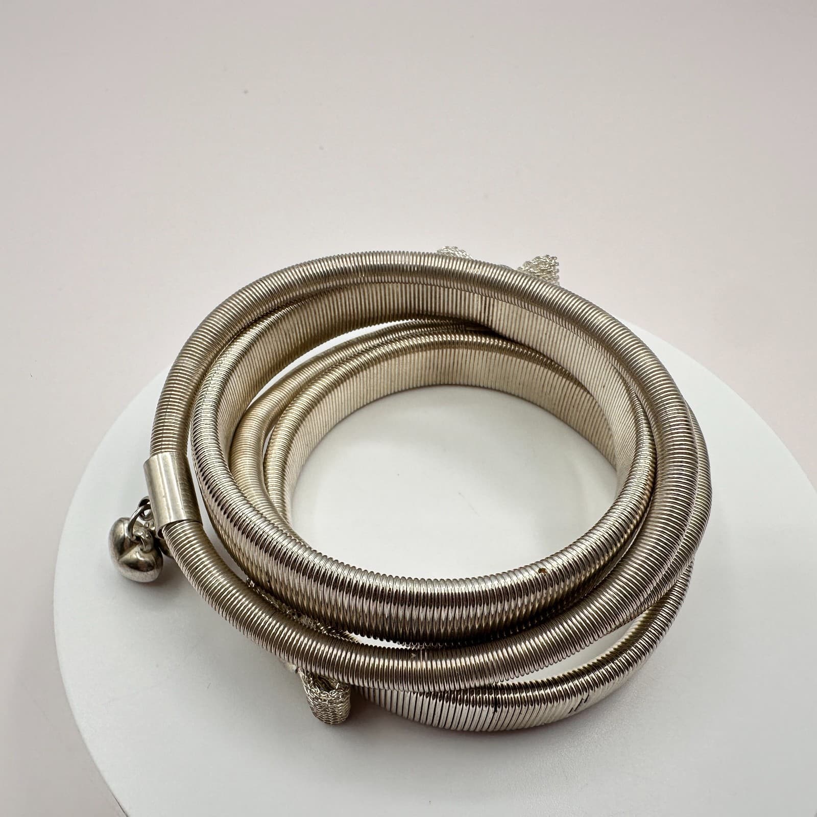 Vintage 90s Silver Tone Snake Coil Wrap Bracelet Heart Charms Mesh Bow Jewelry - Thumbnail 3