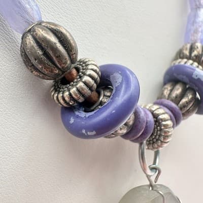 Vintage 90s Boho Wire Wrapped Stone Pendant Necklace Purple Glass Beaded Leather - Thumbnail 6