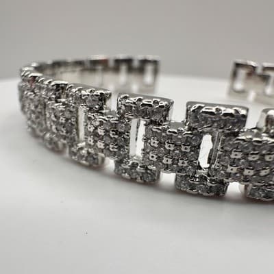 Vintage 90s Silver Tone Pave Glass Cuff Bracelet Geometric Link Fashion Jewelry - Thumbnail 3
