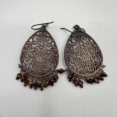 Vintage 90s Bronze Tone Filigree Tigers Eye Brown Teardrop Dangle Earrings Boho - Thumbnail 2