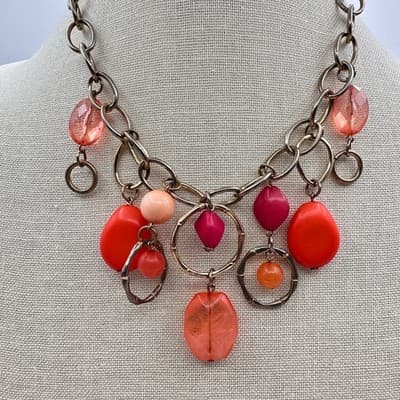 Vintage 90s Red & Pink Bead Chunky Chain Dangle Necklace Silver Tone Jewelry Y2K - Thumbnail 2