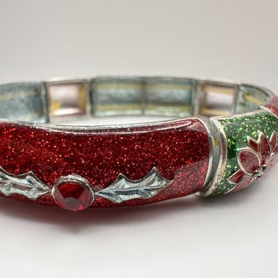 Vintage 90s Christmas Poinsettia Stretch Bracelet Red Green Glitter Enamel Boho - Thumbnail 4