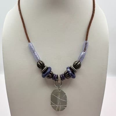 Vintage 90s Boho Wire Wrapped Stone Pendant Necklace Purple Glass Beaded Leather - Thumbnail 8