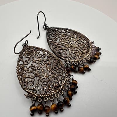 Vintage 90s Bronze Tone Filigree Tigers Eye Brown Teardrop Dangle Earrings Boho - Thumbnail 5