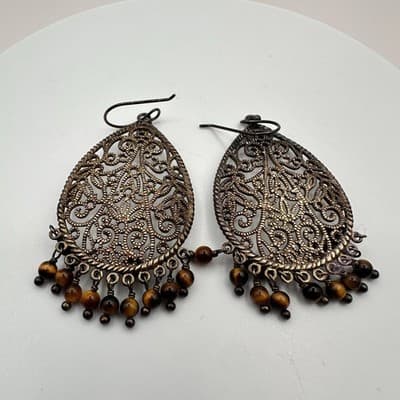 Vintage 90s Bronze Tone Filigree Tigers Eye Brown Teardrop Dangle Earrings Boho - Thumbnail 3