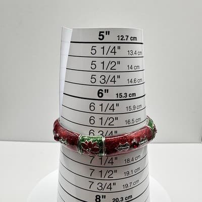 Vintage 90s Christmas Poinsettia Stretch Bracelet Red Green Glitter Enamel Boho - Thumbnail 7