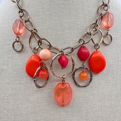 Vintage 90s Red & Pink Bead Chunky Chain Dangle Necklace Silver Tone Jewelry Y2K - Thumbnail 7