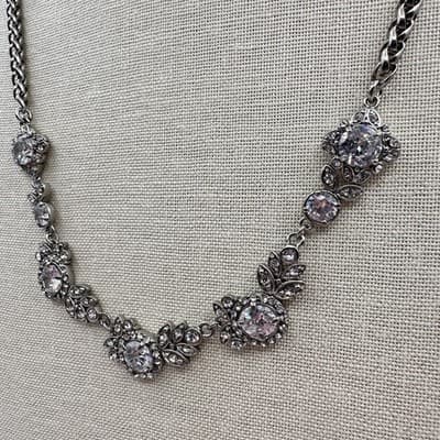 Vintage 90s Silver Tone Cubic Zirconia Glass Floral Statement Necklace Jewelry - Thumbnail 7