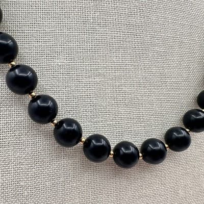 Vintage Y2K Glossy Black Round Beaded Necklace Gold-Tone Women Jewelry Bib Y2K - Thumbnail 2