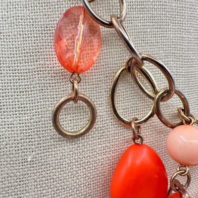 Vintage 90s Red & Pink Bead Chunky Chain Dangle Necklace Silver Tone Jewelry Y2K - Thumbnail 5
