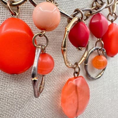 Vintage 90s Red & Pink Bead Chunky Chain Dangle Necklace Silver Tone Jewelry Y2K - Thumbnail 6
