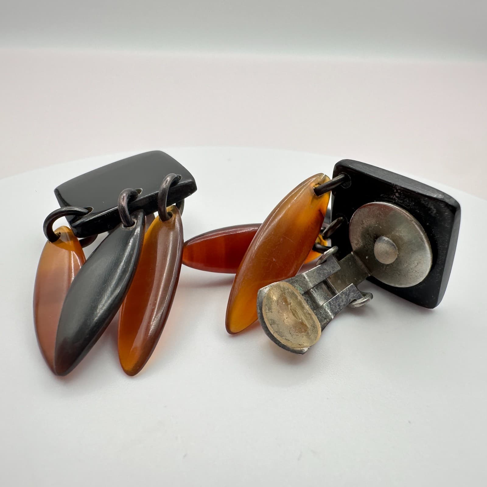 Vintage 80s Geometric Dangle Earrings Black & Amber Resin Women's Jewelry Retro - Thumbnail 6