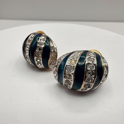 Vintage 80s Teal Blue Enamel Silver Tone Rhinestone Half Hoop Earrings Jewelry - Thumbnail 2