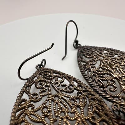 Vintage 90s Bronze Tone Filigree Tigers Eye Brown Teardrop Dangle Earrings Boho - Thumbnail 6