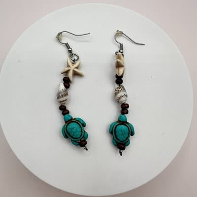 Vintage 90s Faux Turquoise Sea Turtle Starfish Shell Dangle Earrings Jewelry Y2K - Thumbnail 2