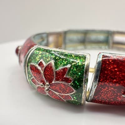 Vintage 90s Christmas Poinsettia Stretch Bracelet Red Green Glitter Enamel Boho - Thumbnail 3