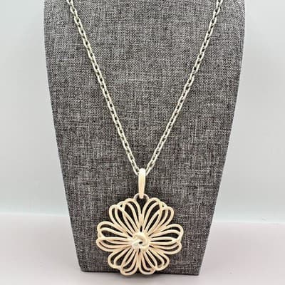 Vintage 80s Cream Enamel Floral Pendant Necklace Retro Women's Classic Jewelry - Thumbnail 6