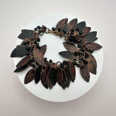 Vintage 80s Tribal Black & Copper Metal Leaf Cascade Statement Bracelet Jewelry - Thumbnail 2