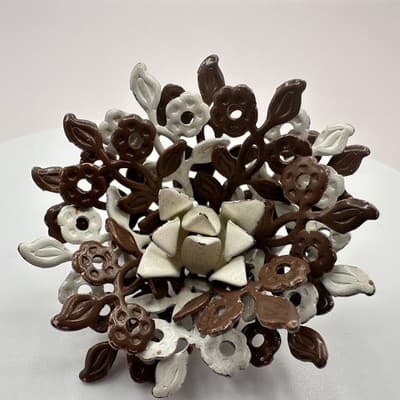 Vintage 60s Enamel Flower Bouquet Brooch Brown & White Floral Pin Jewelry Retro - Thumbnail 3