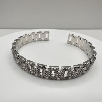 Vintage 90s Silver Tone Pave Glass Cuff Bracelet Geometric Link Fashion Jewelry - Thumbnail 2