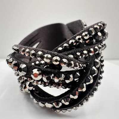 Vintage 90s Grey Suede Multi Strand Cuff Bracelet with Glass Crystals Boho Style - Thumbnail 5