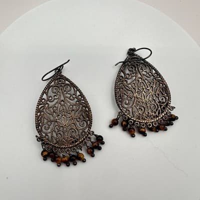 Vintage 90s Bronze Tone Filigree Tigers Eye Brown Teardrop Dangle Earrings Boho - Thumbnail 7