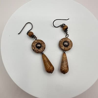 Vintage 90s Natural Jasper Stone Dangle Earrings Brown Boho Earthy Drop Jewelry - Thumbnail 2