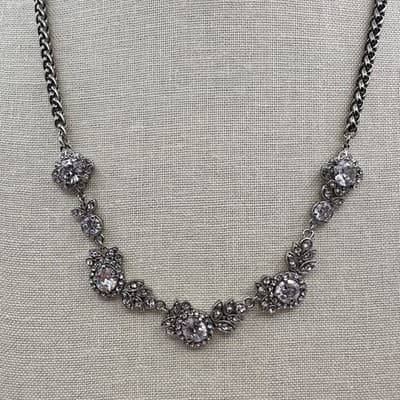 Vintage 90s Silver Tone Cubic Zirconia Glass Floral Statement Necklace Jewelry - Thumbnail 2
