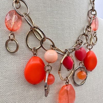 Vintage 90s Red & Pink Bead Chunky Chain Dangle Necklace Silver Tone Jewelry Y2K - Thumbnail 4
