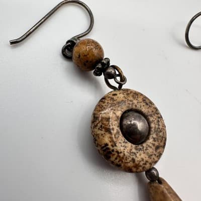 Vintage 90s Natural Jasper Stone Dangle Earrings Brown Boho Earthy Drop Jewelry - Thumbnail 4