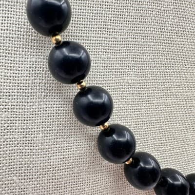 Vintage Y2K Glossy Black Round Beaded Necklace Gold-Tone Women Jewelry Bib Y2K - Thumbnail 3