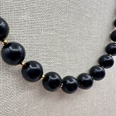 Vintage Y2K Glossy Black Round Beaded Necklace Gold-Tone Women Jewelry Bib Y2K - Thumbnail 4
