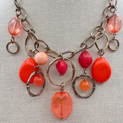 Vintage 90s Red & Pink Bead Chunky Chain Dangle Necklace Silver Tone Jewelry Y2K - Thumbnail 3