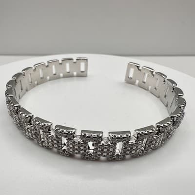 Vintage 90s Silver Tone Pave Glass Cuff Bracelet Geometric Link Fashion Jewelry - Thumbnail 5