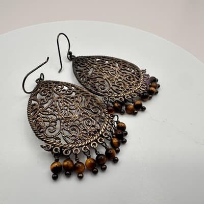 Vintage 90s Bronze Tone Filigree Tigers Eye Brown Teardrop Dangle Earrings Boho - Thumbnail 4