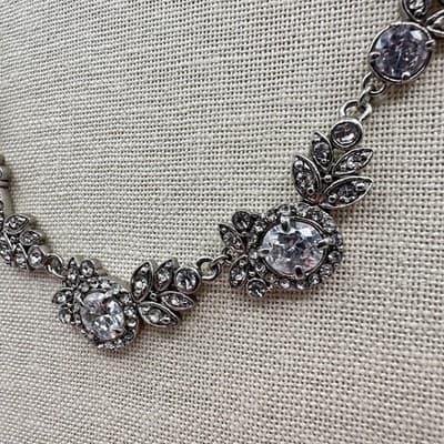 Vintage 90s Silver Tone Cubic Zirconia Glass Floral Statement Necklace Jewelry - Thumbnail 8