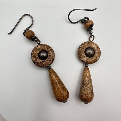Vintage 90s Natural Jasper Stone Dangle Earrings Brown Boho Earthy Drop Jewelry - Thumbnail 3