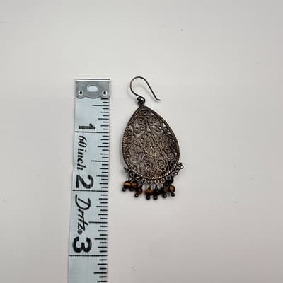 Vintage 90s Bronze Tone Filigree Tigers Eye Brown Teardrop Dangle Earrings Boho - Thumbnail 8