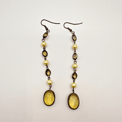 Vintage 90s Faux Pearl Beaded Dangle Earrings Yellow Glass Boho Women's Jewelry - Thumbnail 2