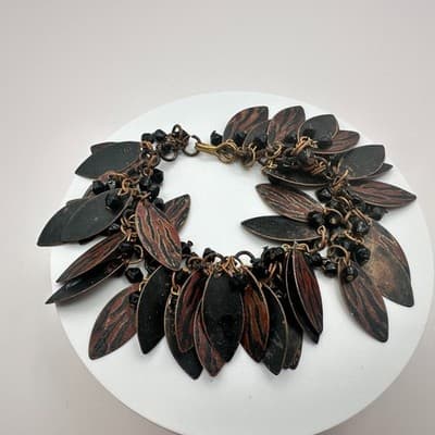 Vintage 80s Tribal Black & Copper Metal Leaf Cascade Statement Bracelet Jewelry - Thumbnail 5