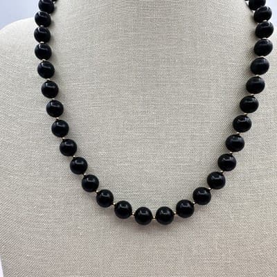 Vintage Y2K Glossy Black Round Beaded Necklace Gold-Tone Women Jewelry Bib Y2K - Thumbnail 5
