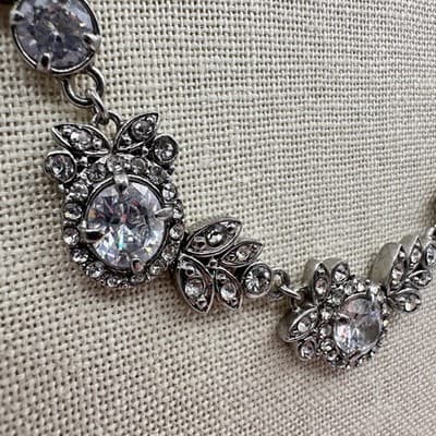 Vintage 90s Silver Tone Cubic Zirconia Glass Floral Statement Necklace Jewelry - Thumbnail 6