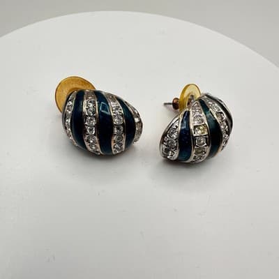 Vintage 80s Teal Blue Enamel Silver Tone Rhinestone Half Hoop Earrings Jewelry - Thumbnail 6