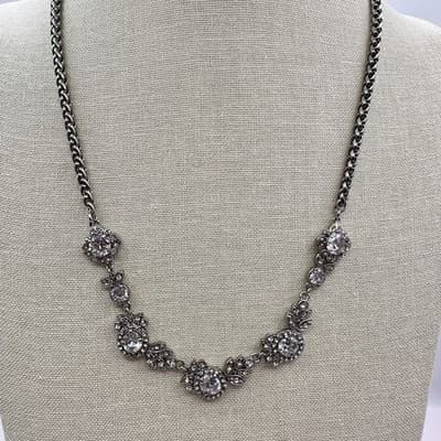 Vintage 90s Silver Tone Cubic Zirconia Glass Floral Statement Necklace Jewelry - Thumbnail 9