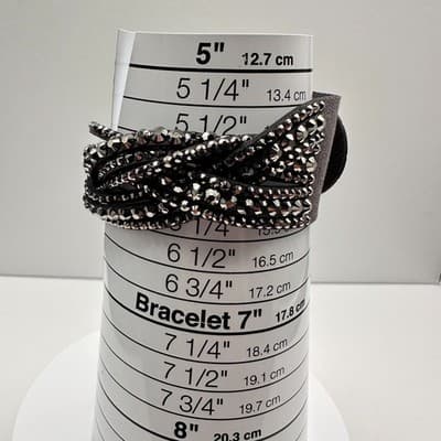 Vintage 90s Grey Suede Multi Strand Cuff Bracelet with Glass Crystals Boho Style - Thumbnail 8